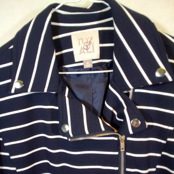 roz & ali Navy White L/S Zip Up Striped Jacket Med - Picture 2 of 6
